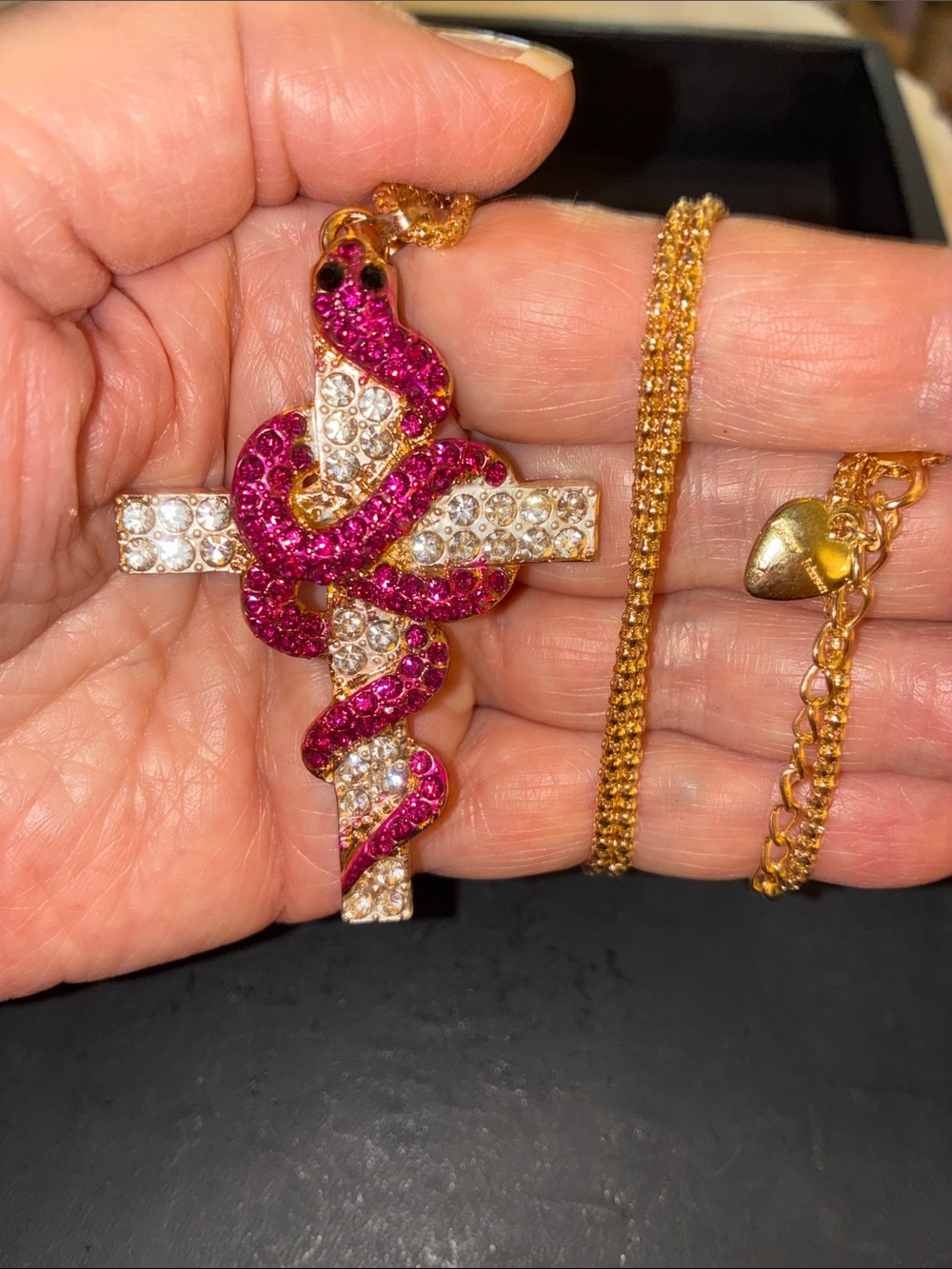 Cross with Pink Crystal Snake Accent